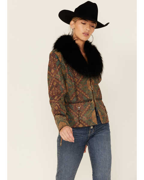 Image #1 - Double D Ranch Women's Top Ridge Weaver Zip-Front Faux Collar Leather Jacket , Multi, hi-res