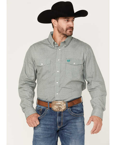 Image #1 - Panhandle Select Men's Geo Print Long Sleeve Button Down Shirt, Green, hi-res