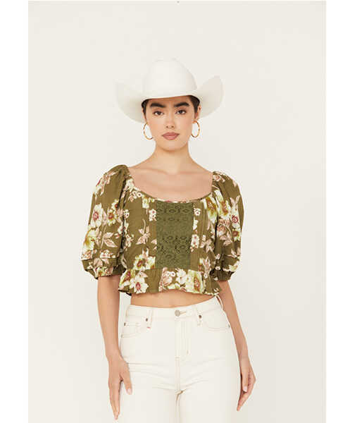 Band of the Free Women's Crochet Floral Print Top, Sage, hi-res