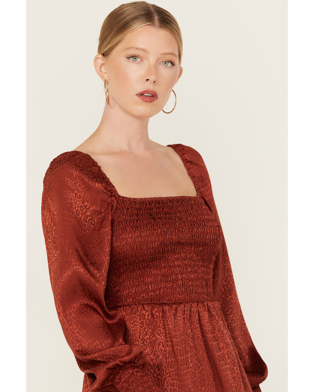 Image #2 - Wrangler Women's Jacquard Print Slit Long Sleeve Midi Dress, Rust Copper, hi-res