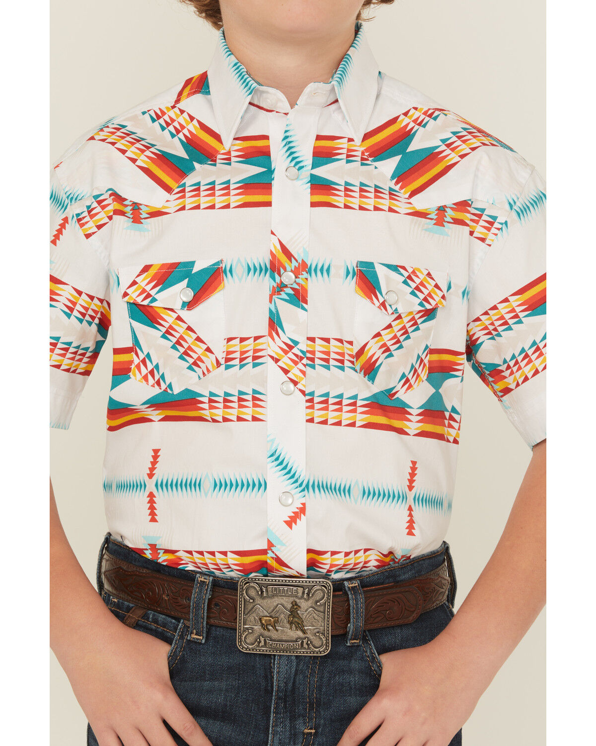 Image #3 - Rock & Roll Denim Boys' Southwestern Print Short Sleeve Pearl Snap Western Shirt, White, hi-res