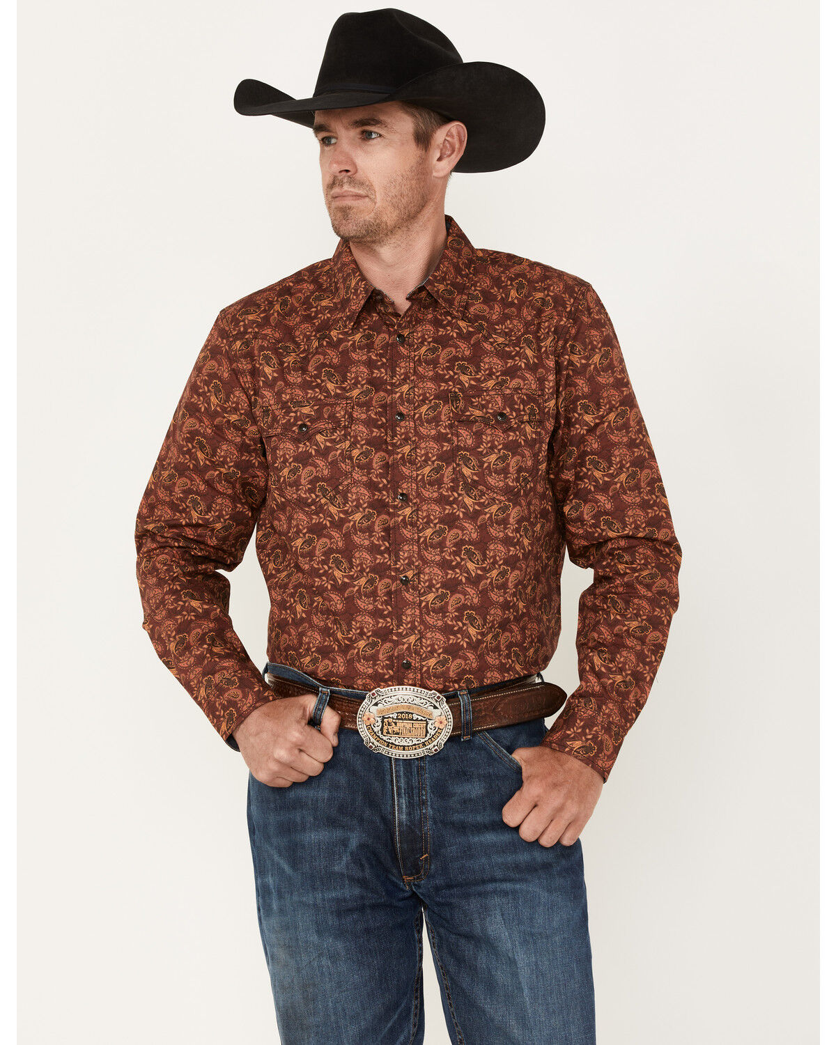 Image #1 - Cody James Men's On Tour Paisley Print Snap Western Shirt, Burgundy, hi-res