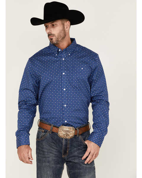 Image #1 - RANK 45® Men's High Roller Geo Print Long Sleeve Button-Down Western Shirt , Blue, hi-res