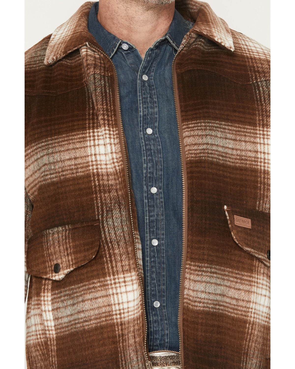 Image #3 - Outback Trading Co Men's Silas Plaid Print Zip-Up Concealed Carry Jacket, Brown, hi-res