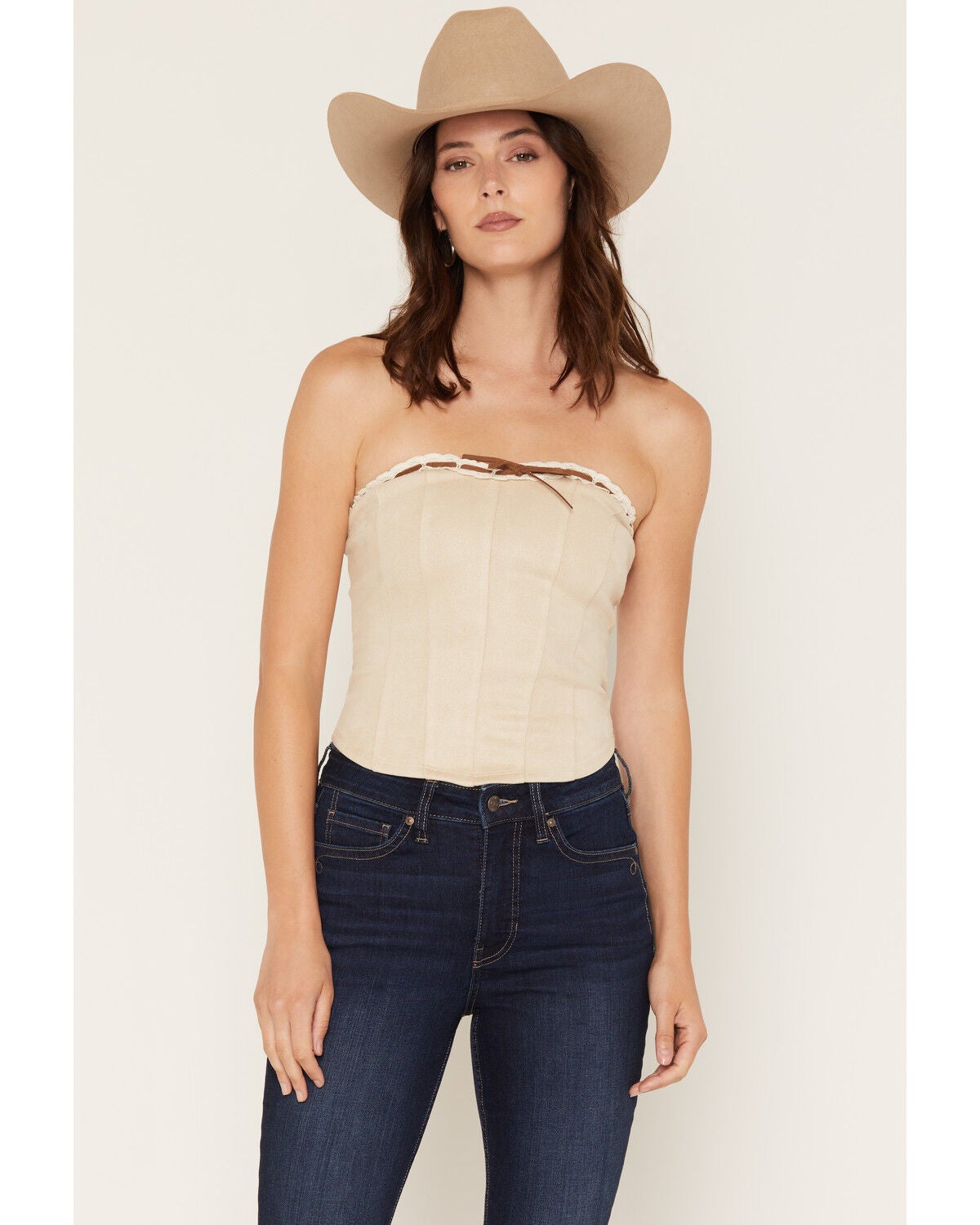 Cleo + Wolf Women's Faux Suede Ribbon Corset Cropped Top, Ivory, hi-res