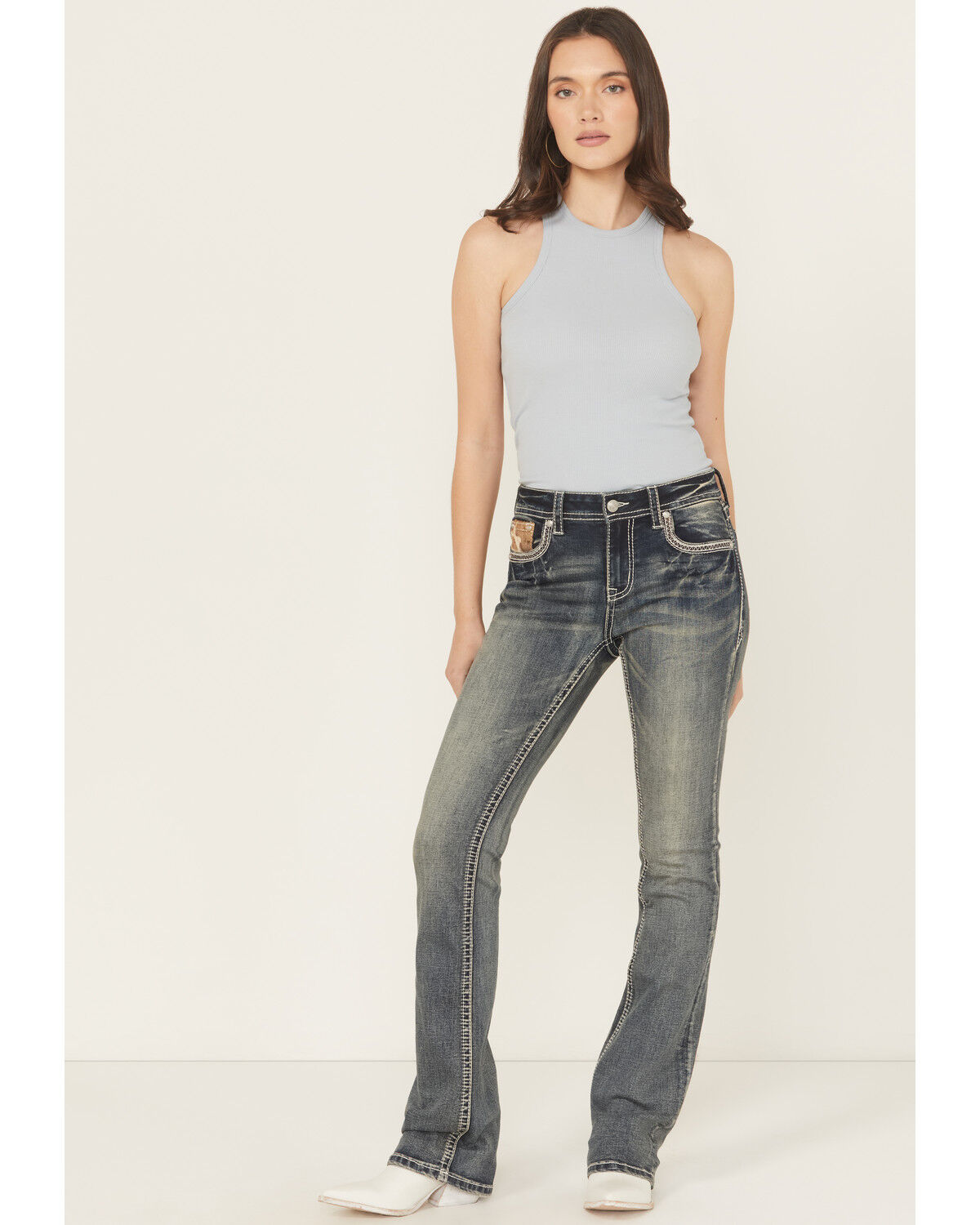 Image #3 - Grace In LA Women's Medium Wash Mid Rise Hairon Bootcut Stretch Denim Jeans, Medium Wash, hi-res