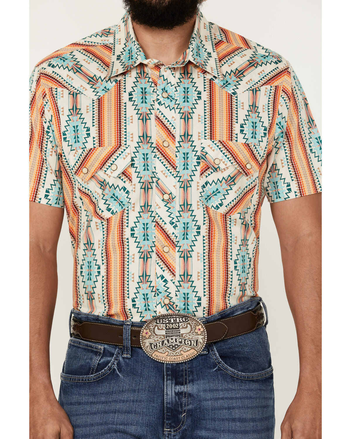 Image #3 - Rock & Roll Denim Men's Southwestern Print Short Sleeve Pearl Snap Stretch Western Shirt, Cream, hi-res
