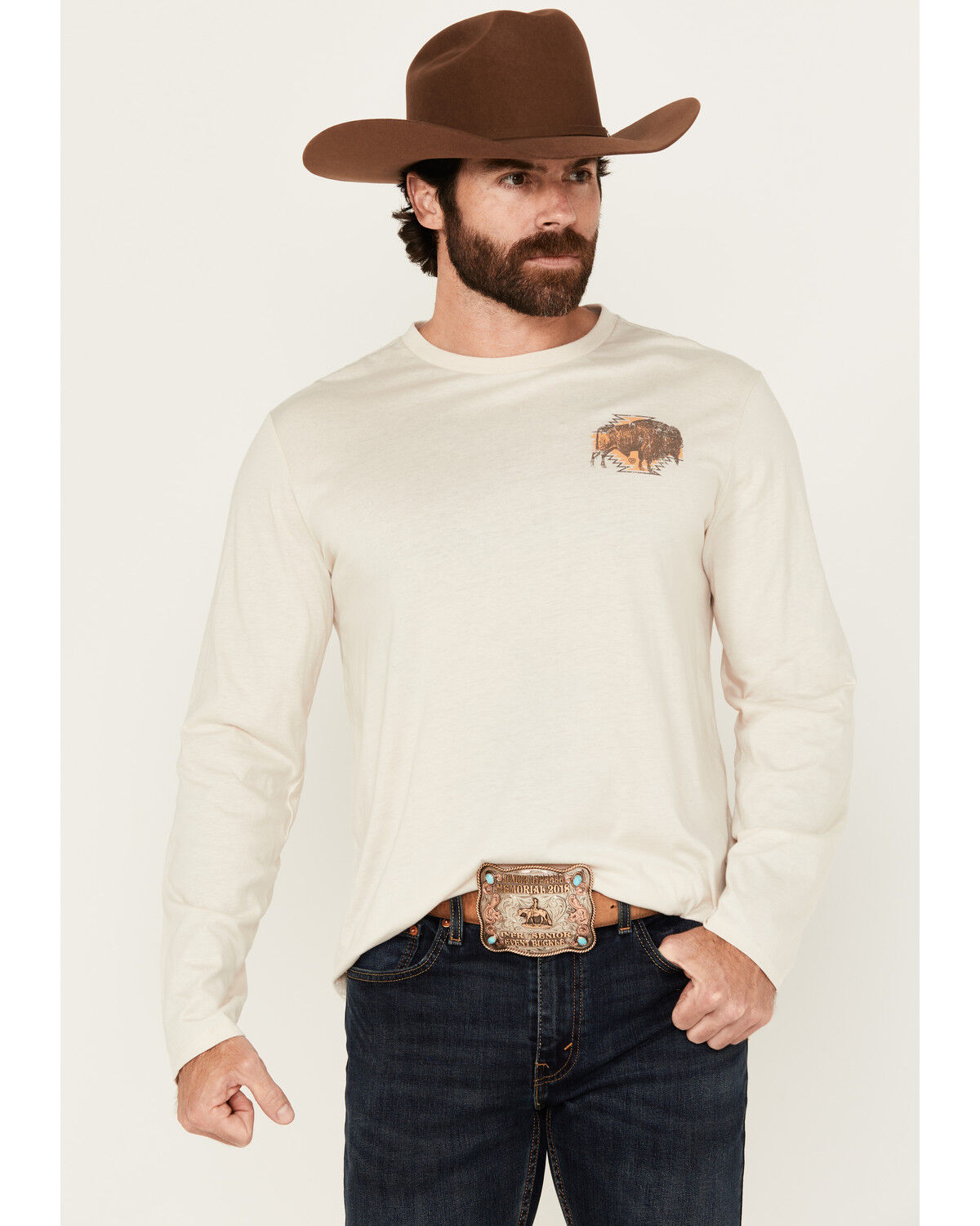 Image #1 - Rock & Roll Denim Men's Buffalo Long Sleeve Graphic T-Shirt, Natural, hi-res