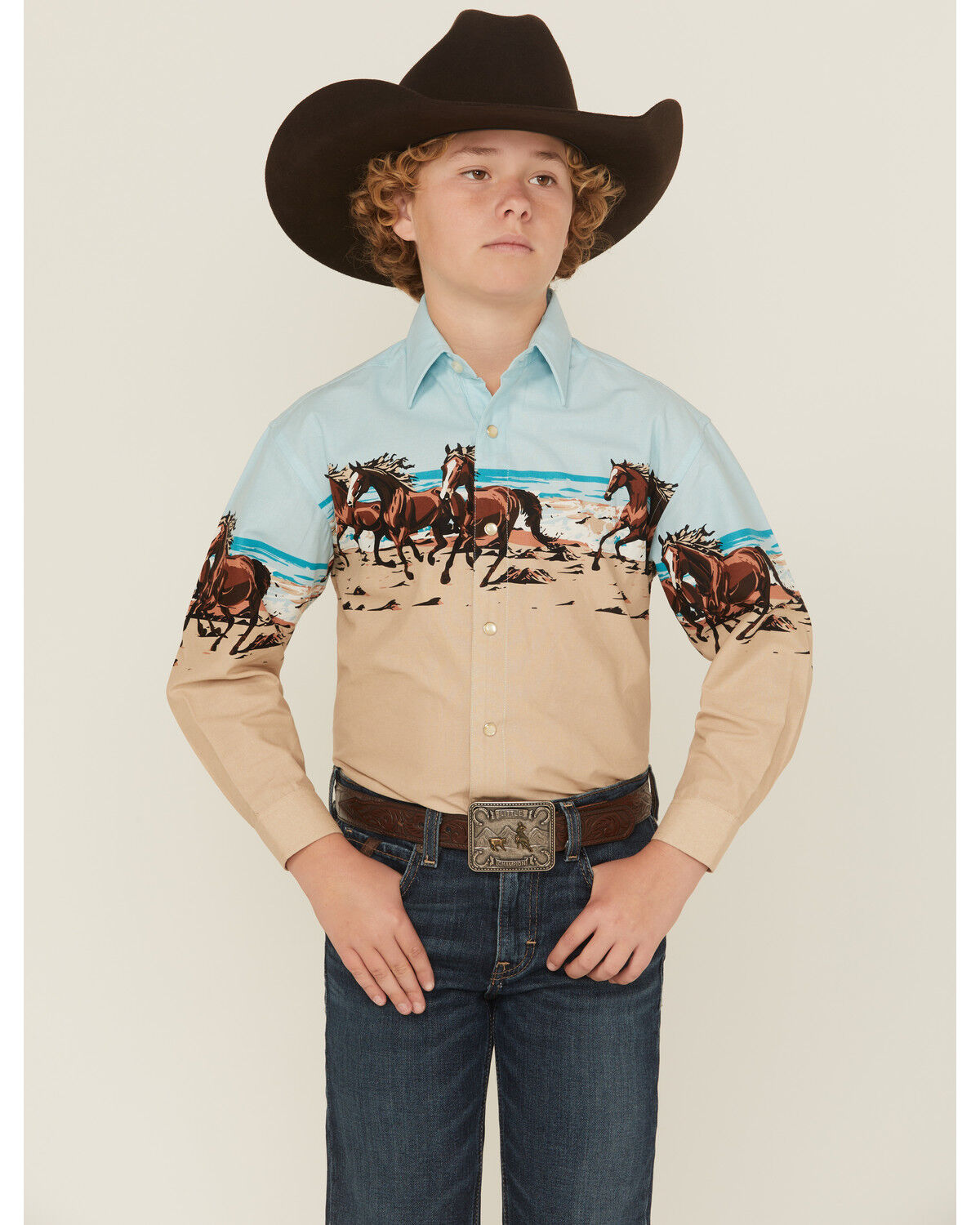 Image #1 - Panhandle Slim Boys' Horses And Beach Border Long Sleeve Snap Western Shirt, Tan, hi-res
