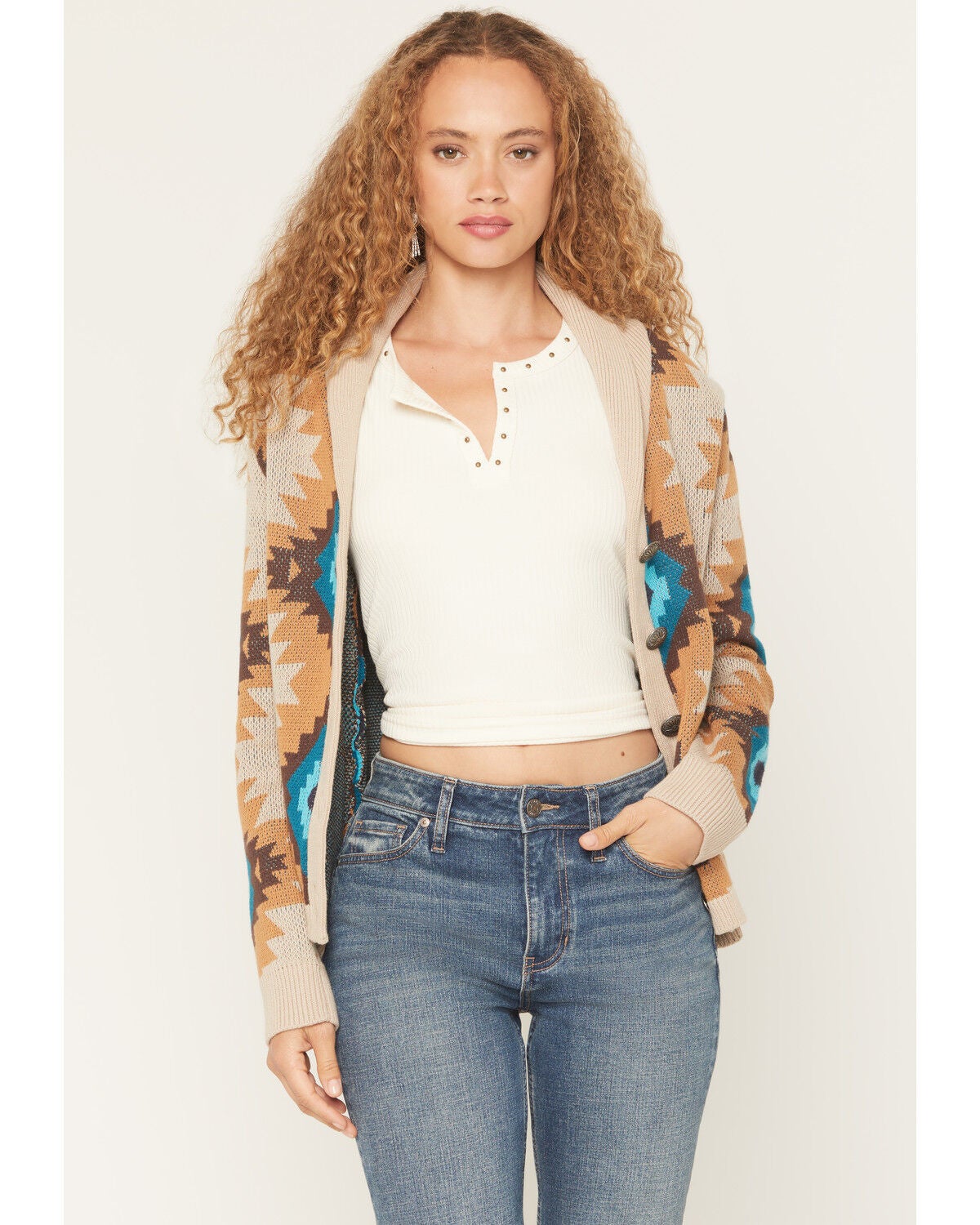 Cotton & Rye Women's Southwestern Button-Down Cardigan, Tan, hi-res