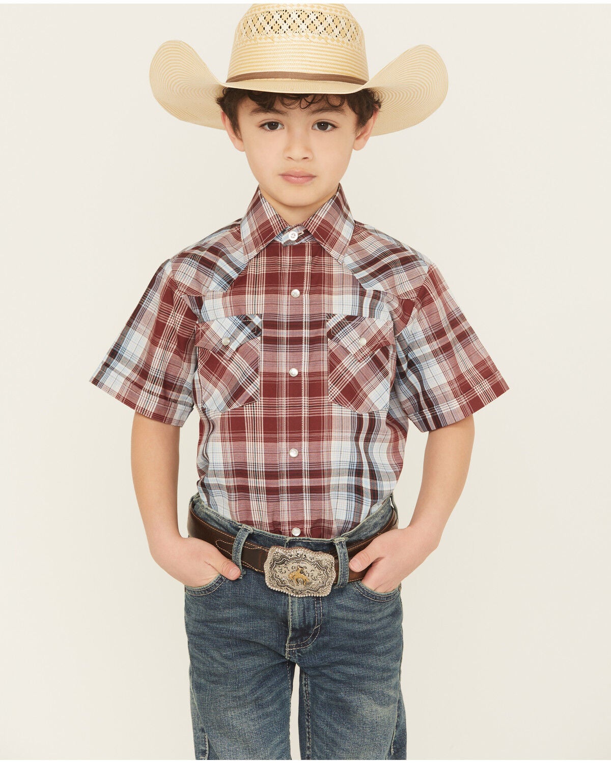 Ely Walker Boys' Plaid Print Short Sleeve Snap Western Shirt, Blue/red, hi-res
