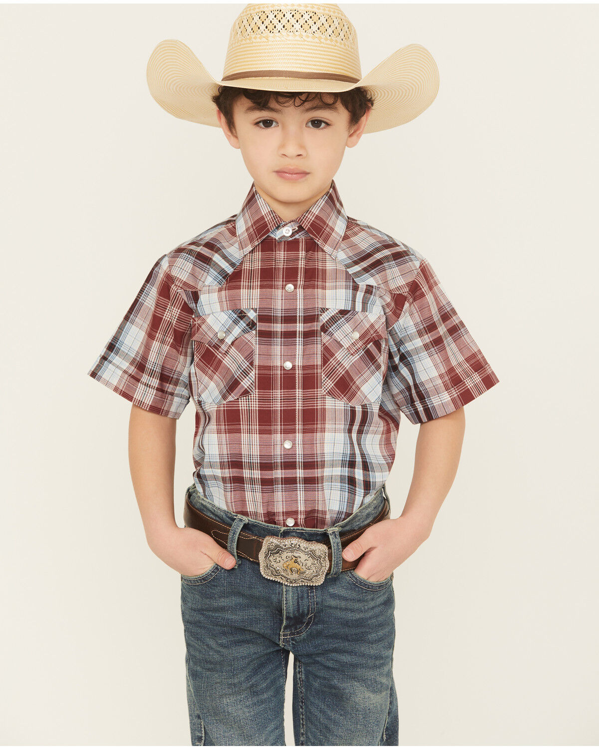 Image #1 - Ely Walker Boys' Plaid Print Short Sleeve Snap Western Shirt, Blue/red, hi-res