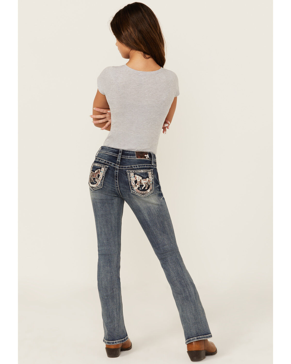 Image #1 - Grace in LA Girls' Medium Wash Horse Patch Pocket Bootcut Stretch Denim Jeans, Medium Wash, hi-res