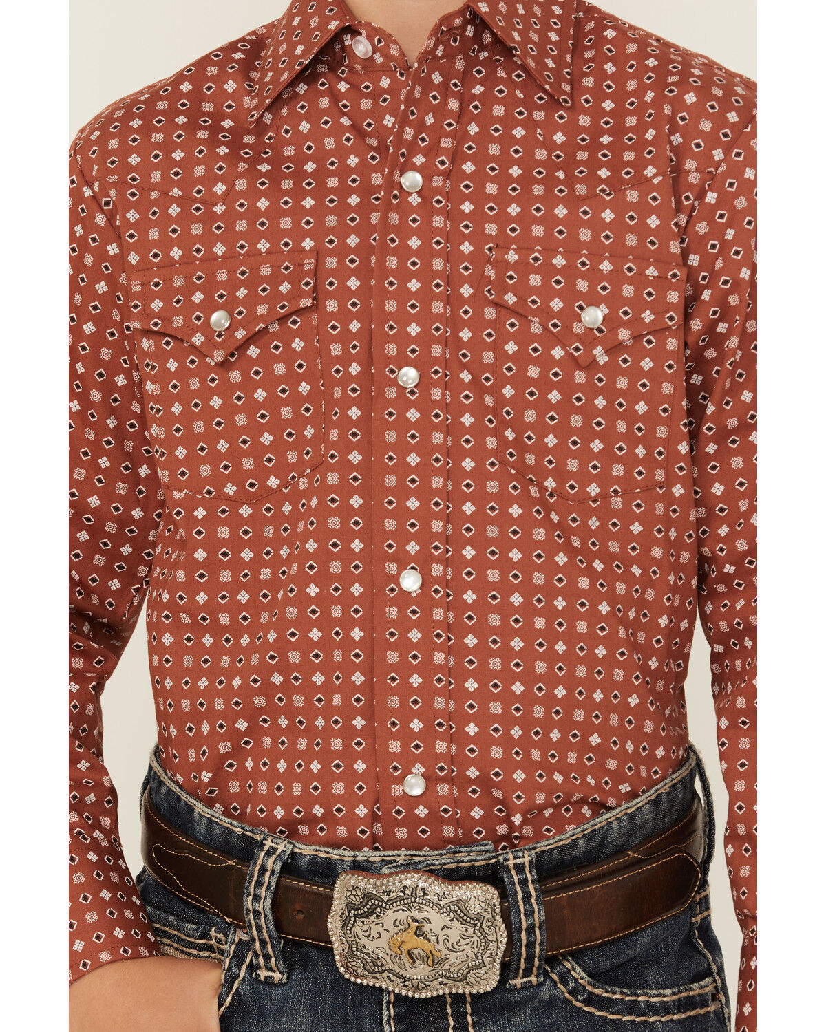 Image #3 - Ely Walker Boys' Geo Print Long Sleeve Snap Stretch Western Shirt, Rust Copper, hi-res