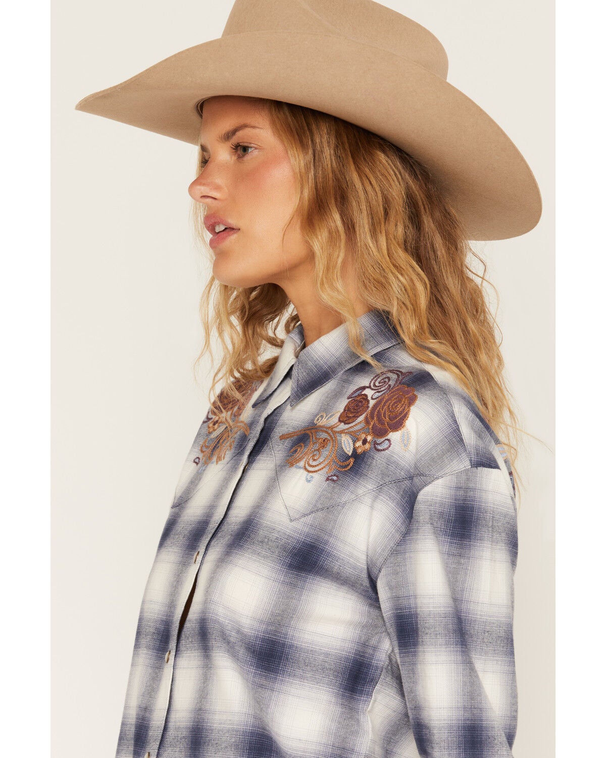 Image #2 - Idyllwind Women's Mara Plaid Print Long Sleeve Pearl Snap Oversized Shirt, Dark Blue, hi-res