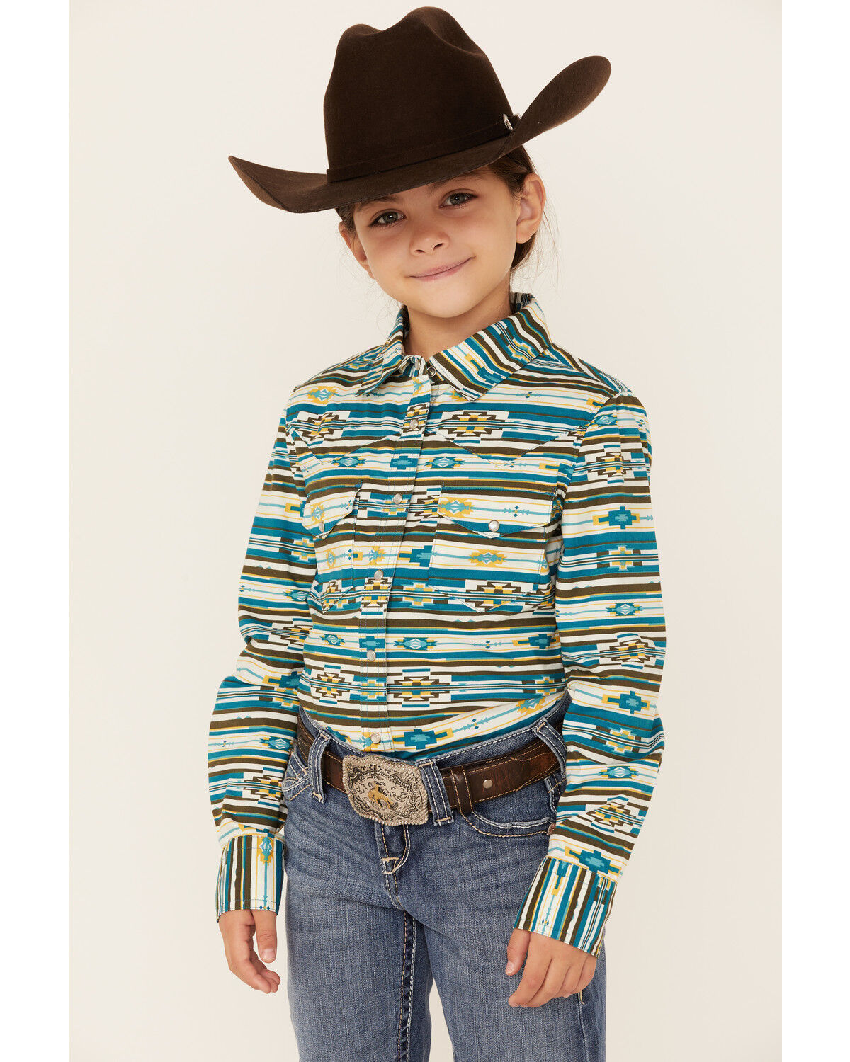 Image #1 - RANK 45® Girls' Southwestern Print Long Sleeve Pearl Snap Western Shirt, Teal, hi-res