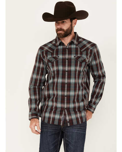 Image #1 - Moonshine Spirit Men's Lone Horn Plaid Print Long Sleeve Snap Western Shirt, Burgundy, hi-res