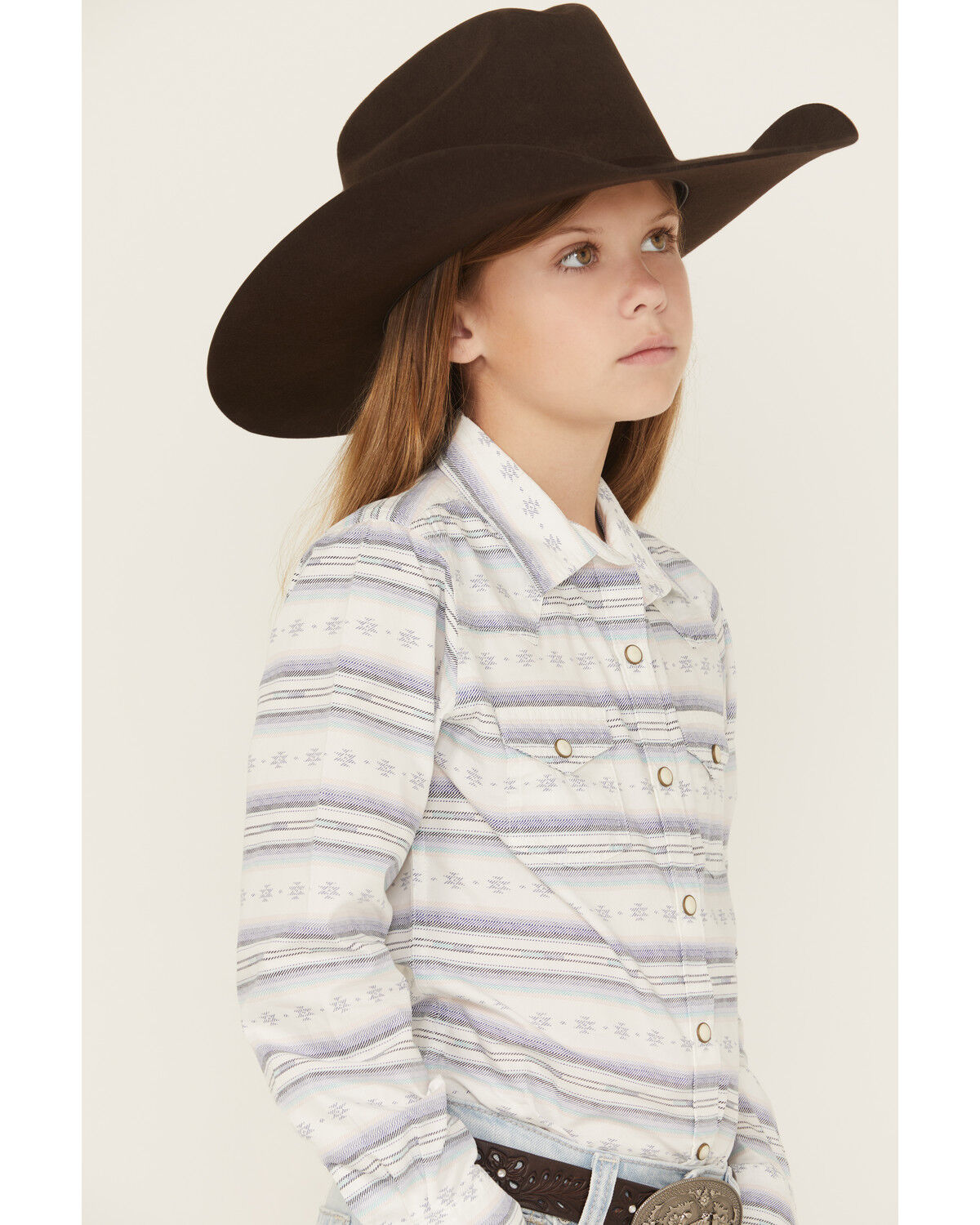 Image #3 - Ariat Girls' Geo Striped Long Sleeve Snap Western Shirt, Navy, hi-res