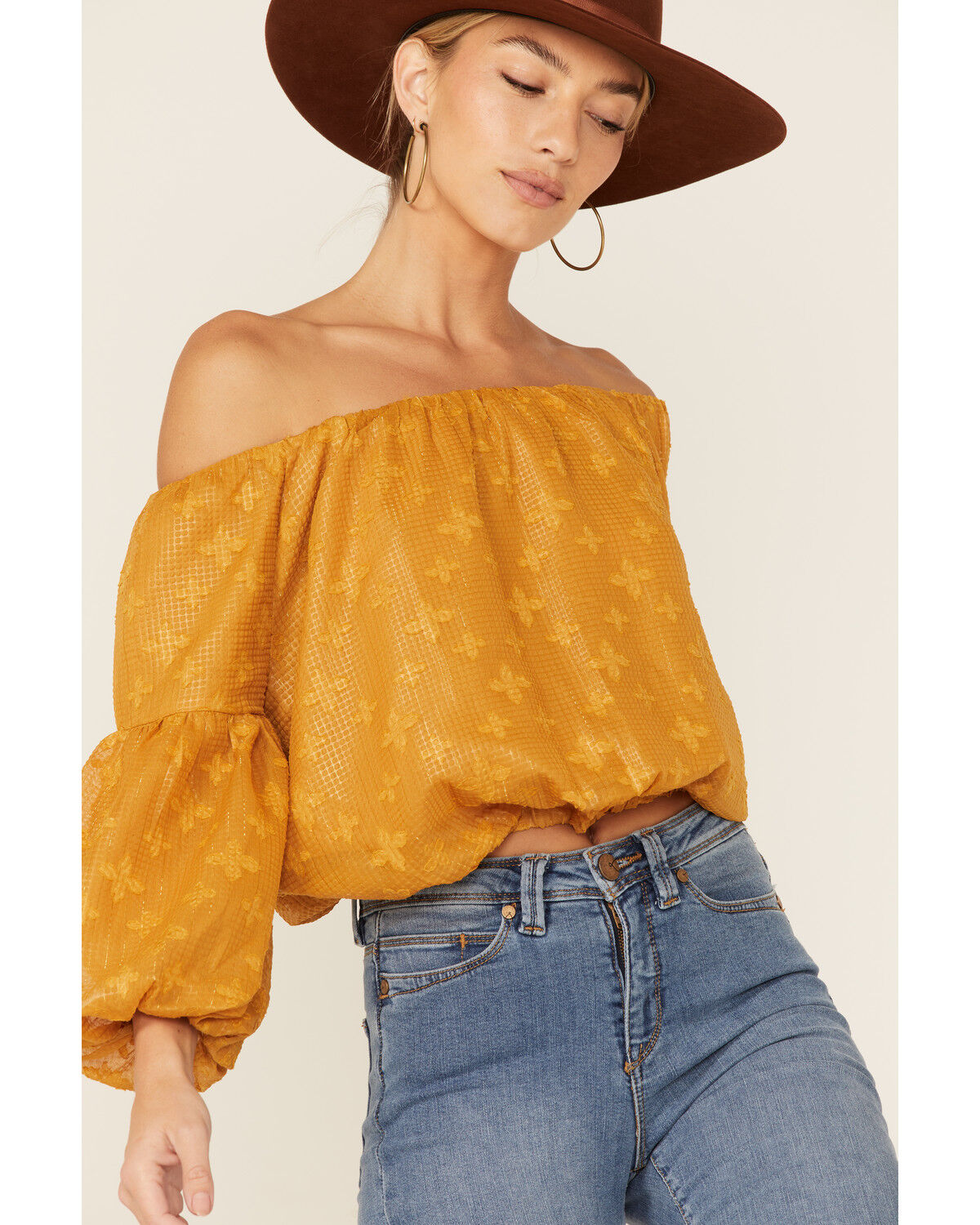 Image #2 - Flying Tomato Women's Mustard Textured Off The Shoulder Crop Top, Mustard, hi-res