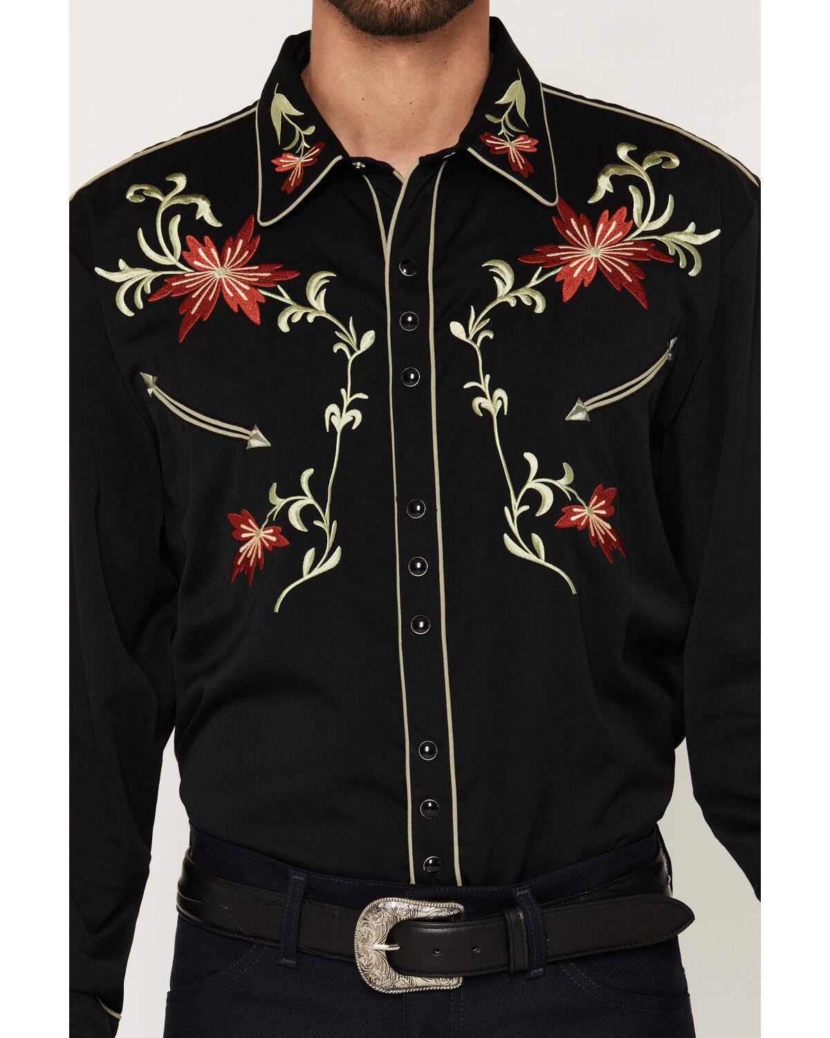 Image #3 - Scully Men's Floral Embroidered Vintage Long Sleeve Snap Western Shirt, Black, hi-res