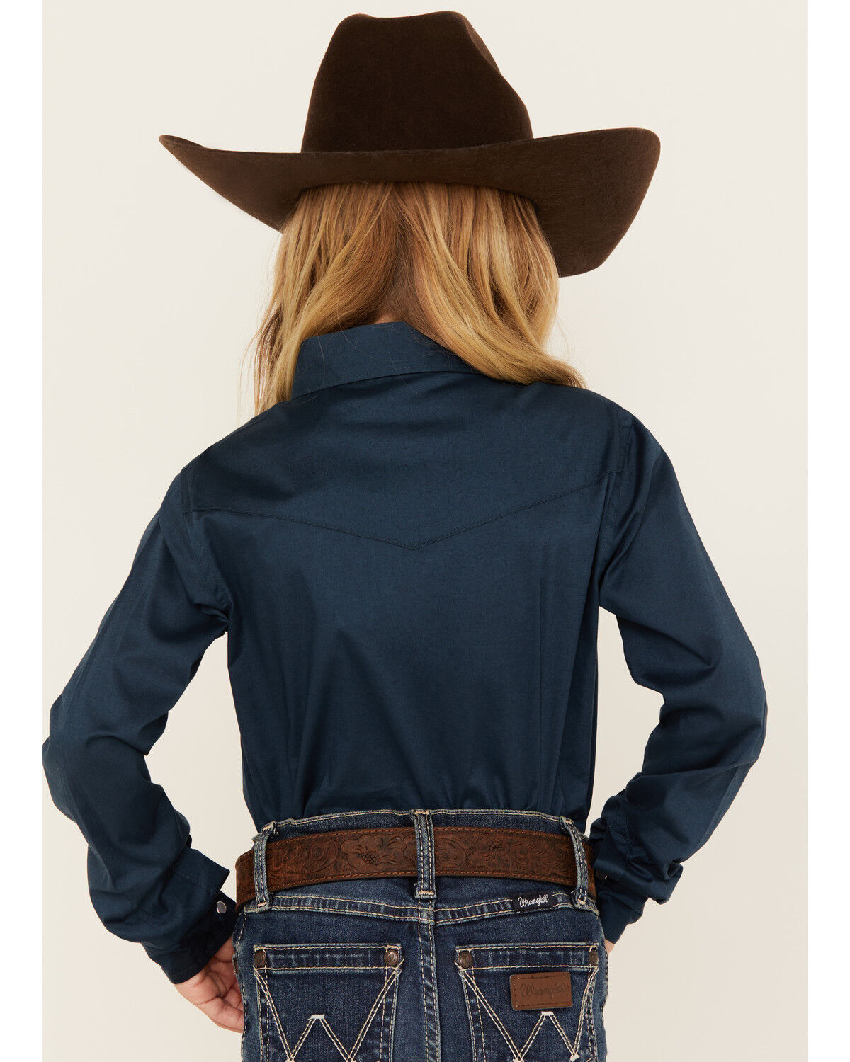 Image #4 - Shyanne Girls' Solid Rhinestone Long Sleeve Snap Stretch Western Shirt, Blue, hi-res