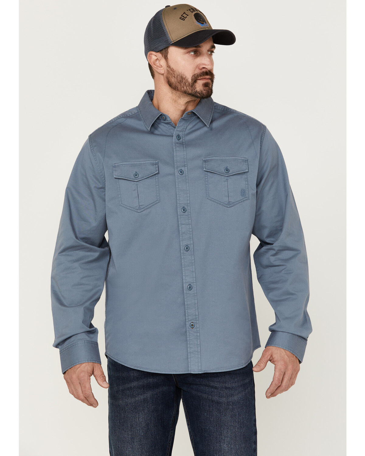 Image #2 - Brothers and Sons Men's Weathered Twill Solid Long Sleeve Button-Down Western Shirt, Indigo, hi-res