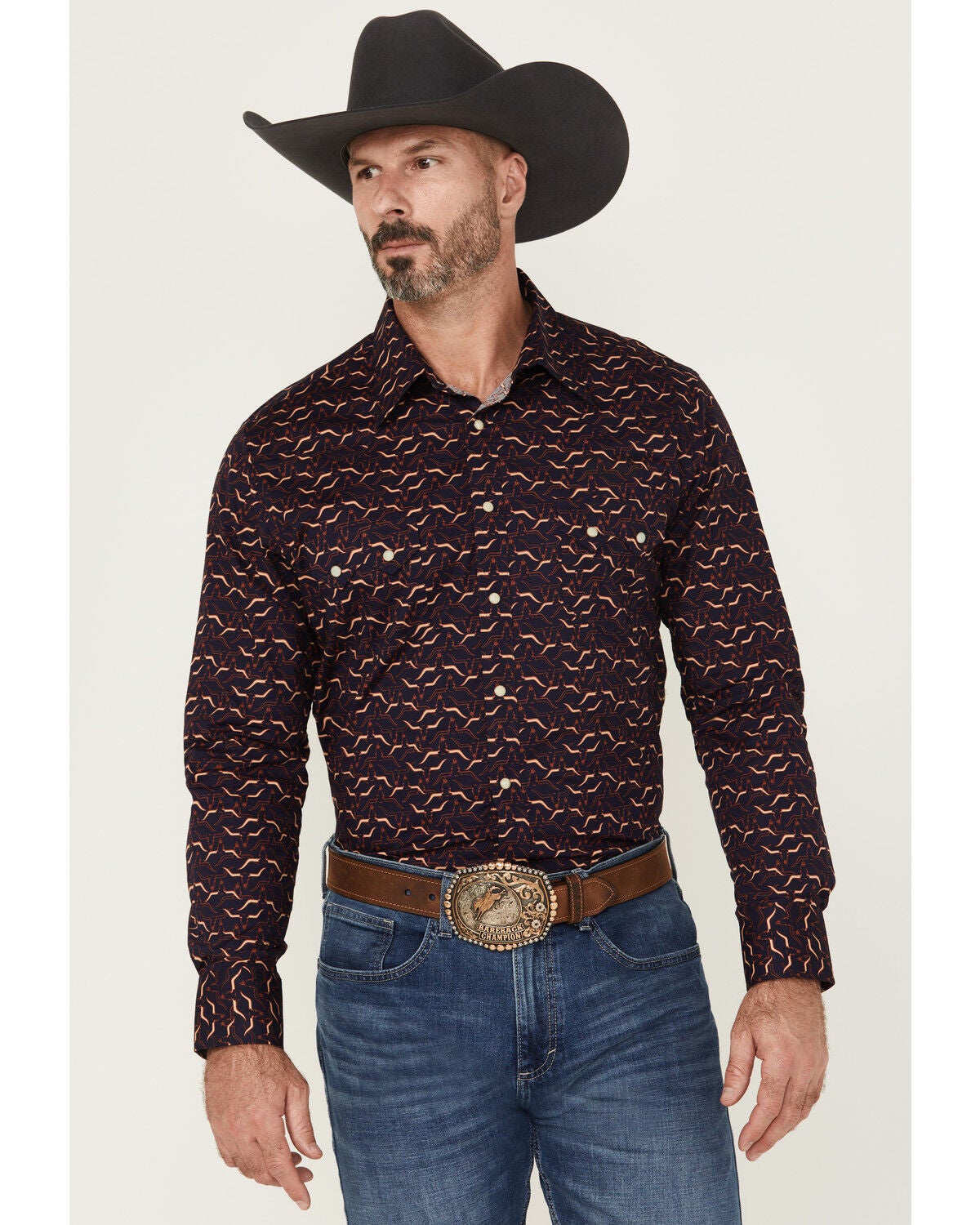 Rock & Roll Denim Men's Longhorn Print Long Sleeve Snap Stretch Western Shirt, Burgundy, hi-res