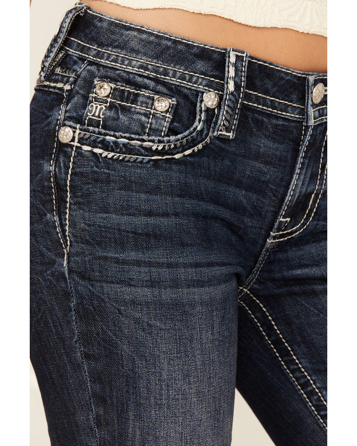 Image #4 - Miss Me Women's Dark Wash Mid Rise Whip Stitch Pocket Bootcut Stretch Denim Jeans, Dark Wash, hi-res