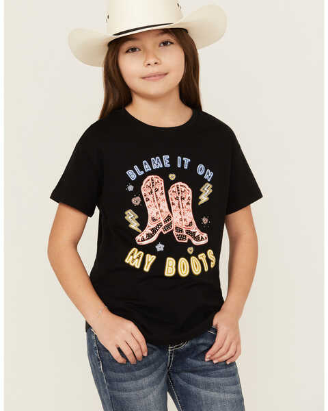 Blended Girls' Blame It On My Boots Short Sleeve Graphic Tee , Black, hi-res