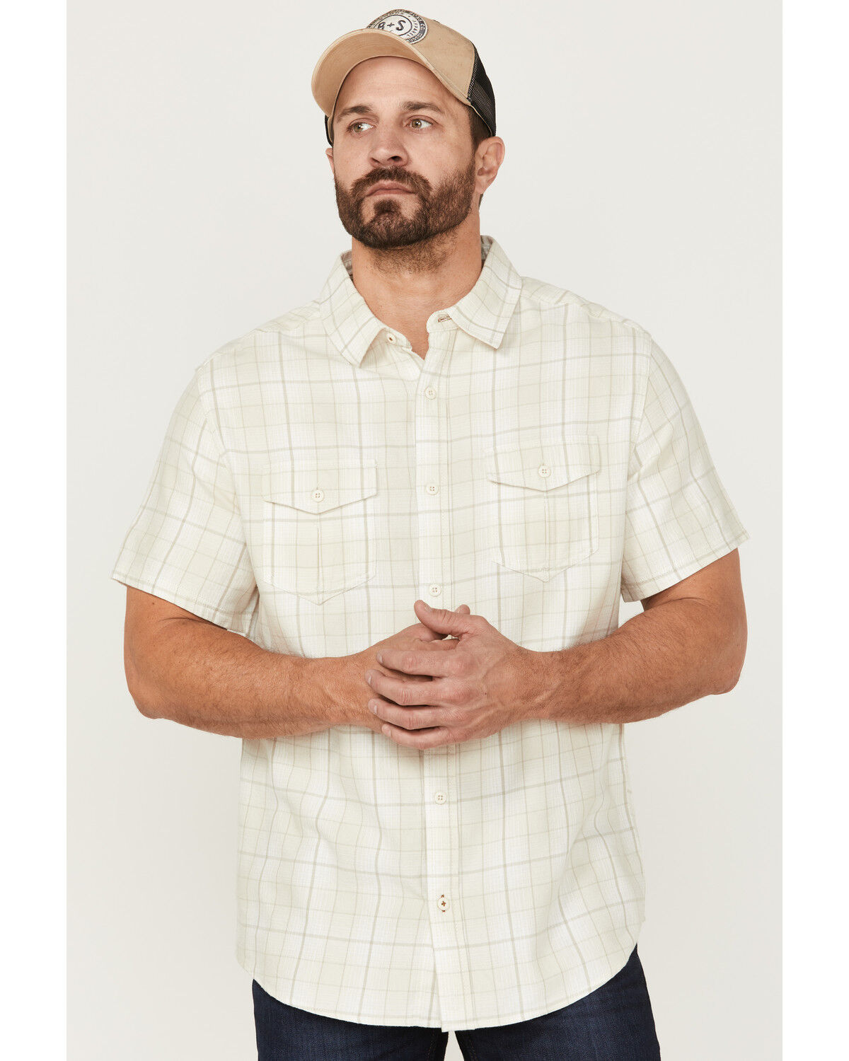 Image #1 - Brothers and Sons Men's Large Plaid Short Sleeve Button Down Western Shirt, Cream, hi-res