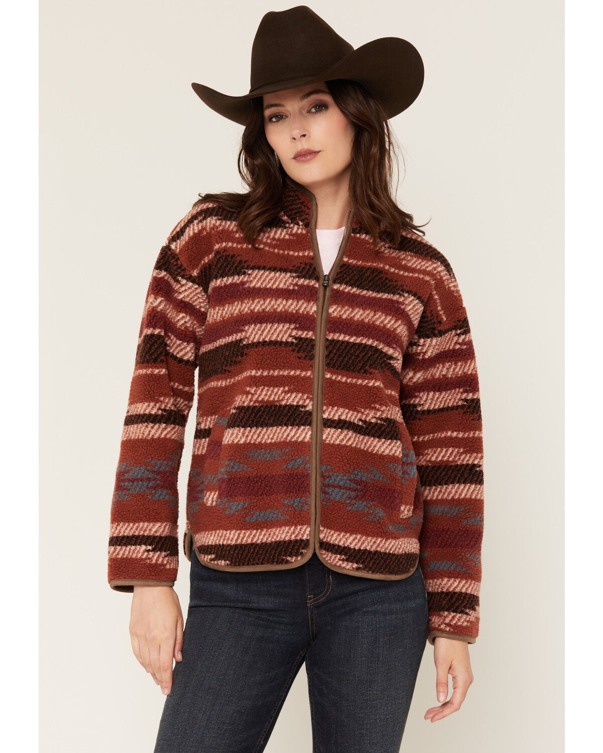 Shyanne Women's Casey Southwestern Print Sherpa Zip-Up Jacket, Brick Red, hi-res