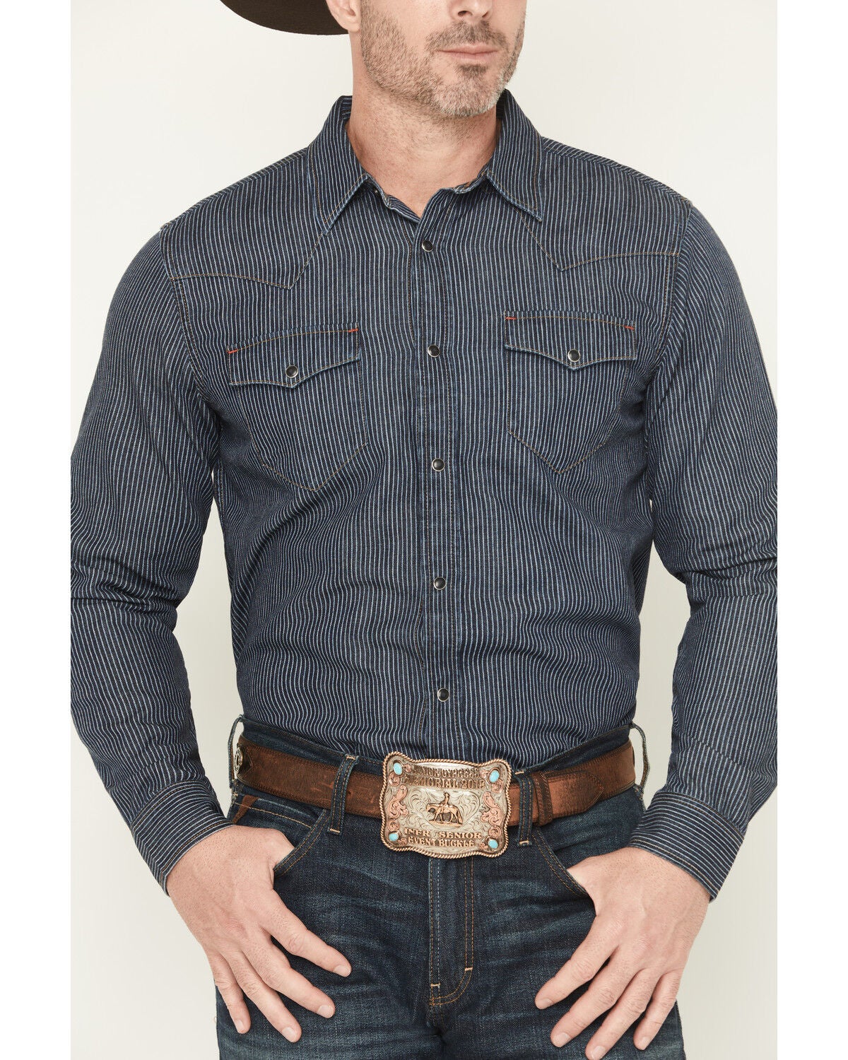Image #3 - Blue Ranchwear Men's Dark Wash Railroad Striped Print Long Sleeve Snap Western Shirt, Dark Wash, hi-res