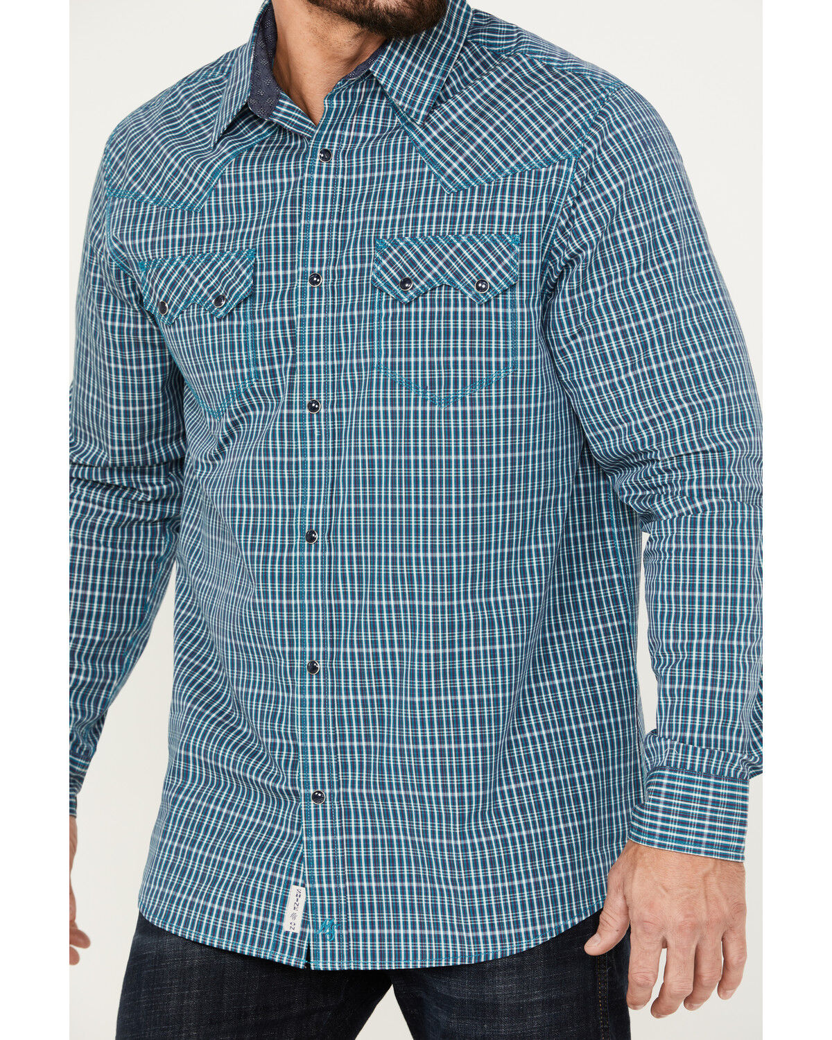 Image #3 - Moonshine Spirit Men's Free Bird Plaid Print Long Sleeve Western Snap Shirt, Navy, hi-res
