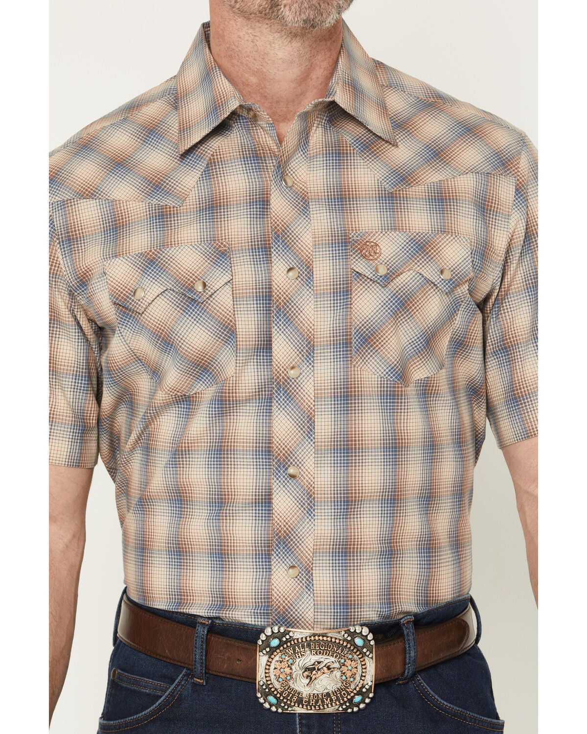 Image #3 - Wrangler Retro Men's Plaid Print Short Sleeve Snap Western Shirt, Brown, hi-res
