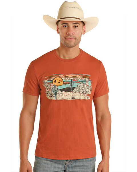 Image #1 - Rock & Roll Denim Men's Scenic Desert Print Short Sleeve Graphic T-Shirt , Dark Orange, hi-res