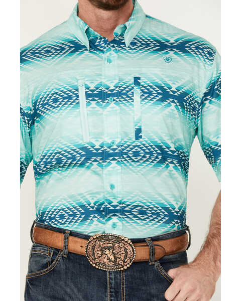 Image #3 - Ariat Men's VentTEK Classic Fit Southwestern Striped Short Sleeve Performance Shirt , Aqua, hi-res