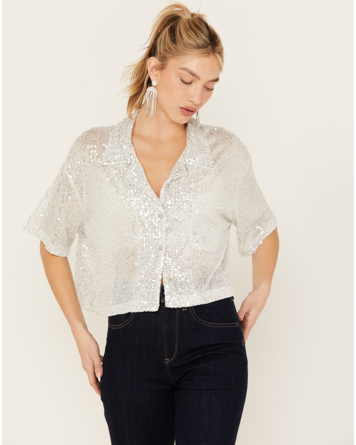 Image #1 - POL Women's Sequin Button Up Top, , hi-res