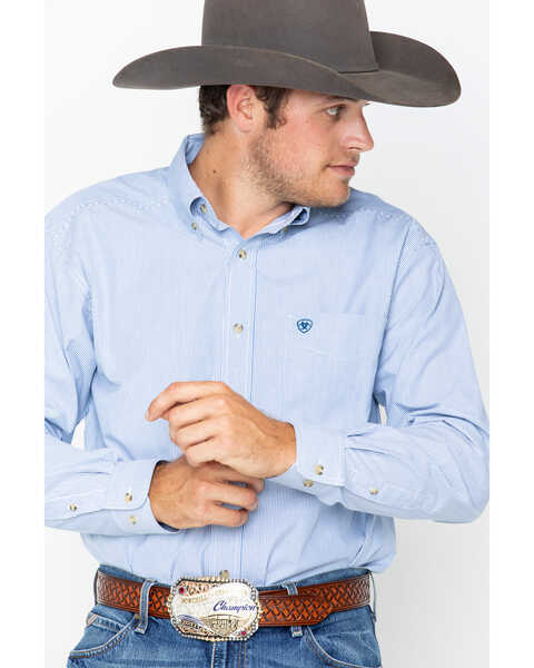 Image #1 - Ariat Men's Dayne Mini Striped Long Sleeve Western Shirt , Blue, hi-res