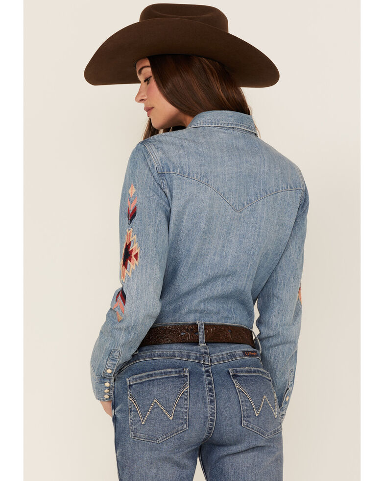 Stetson Women's Southwestern Embroidered Sleeve Denim Western Snap Shirt, Blue, hi-res