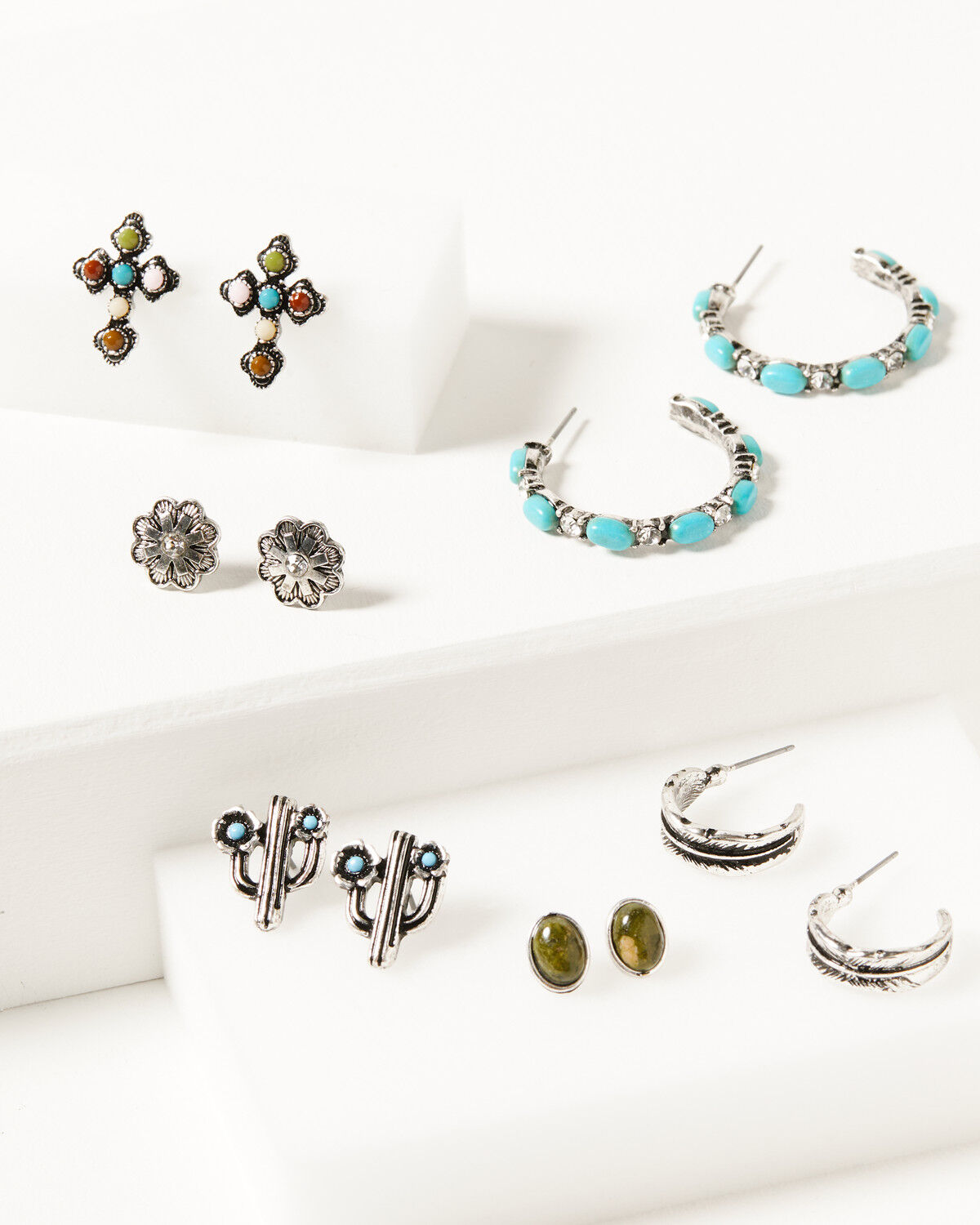 Image #1 - Shyanne Women's Bisbee Falls 6-Piece Cross & Cactus Earrings Set, Silver, hi-res
