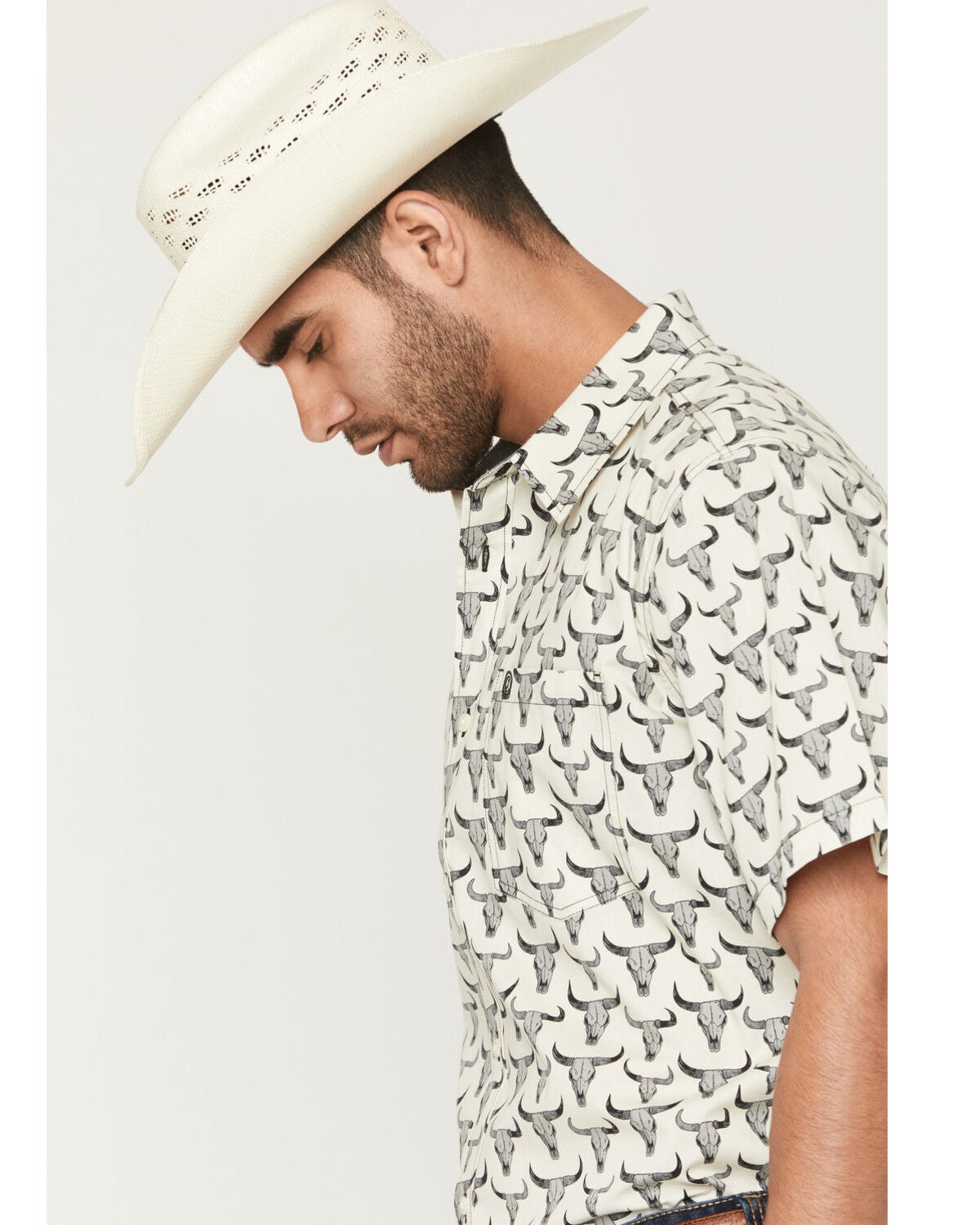 Image #2 - Cody James Men's Toro Steer Head Print Short Sleeve Button-Down Stretch Western Shirt - Big, Tan, hi-res
