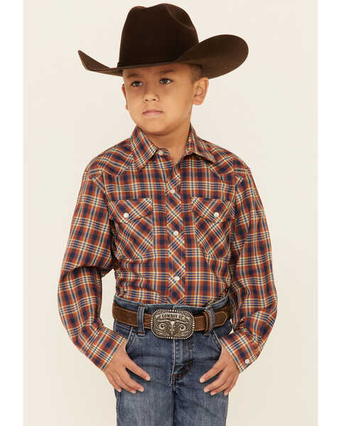 Roper Boys' Plaid Long Sleeve Snap Western Shirt , Rust Copper, hi-res