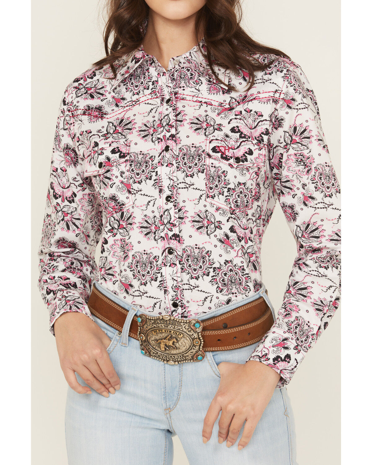 Image #3 - Cowgirl Hardware Women's Paisley Print Long Sleeve Snap Stretch Western Shirt, Pink, hi-res