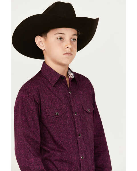 Image #2 - Panhandle Boys' Geo Print Long Sleeve Snap Western Shirt, Maroon, hi-res