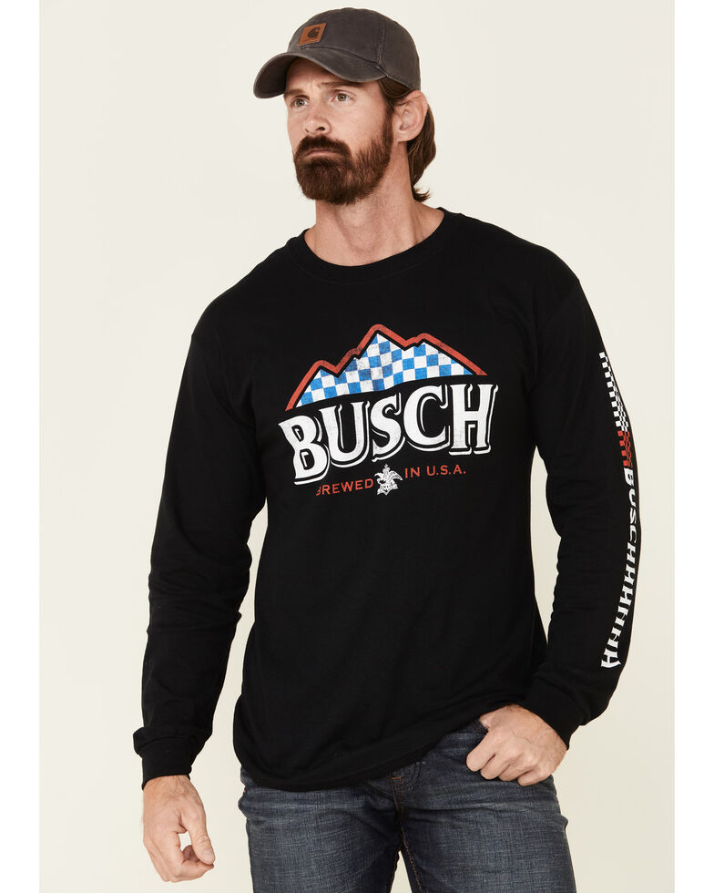 Brew City Beer Gear Men's Busch Flag Mountain Logo Graphic Long Sleeve T-Shirt , Black, hi-res