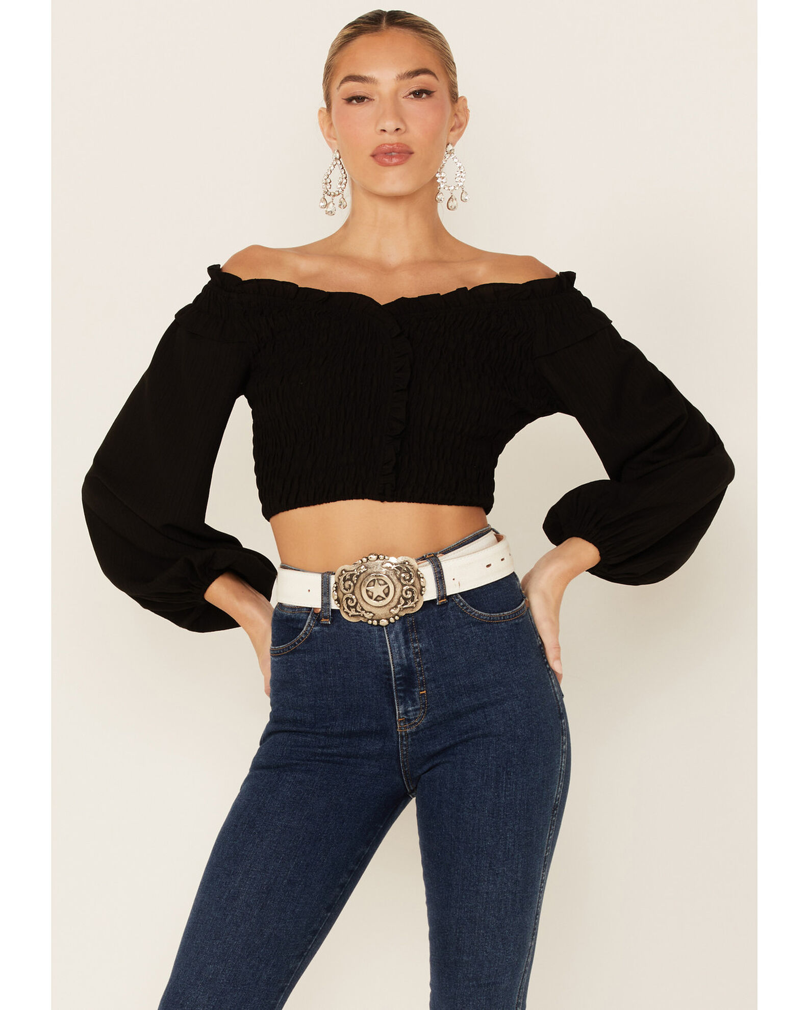 Black off the shoulder smocked top discount