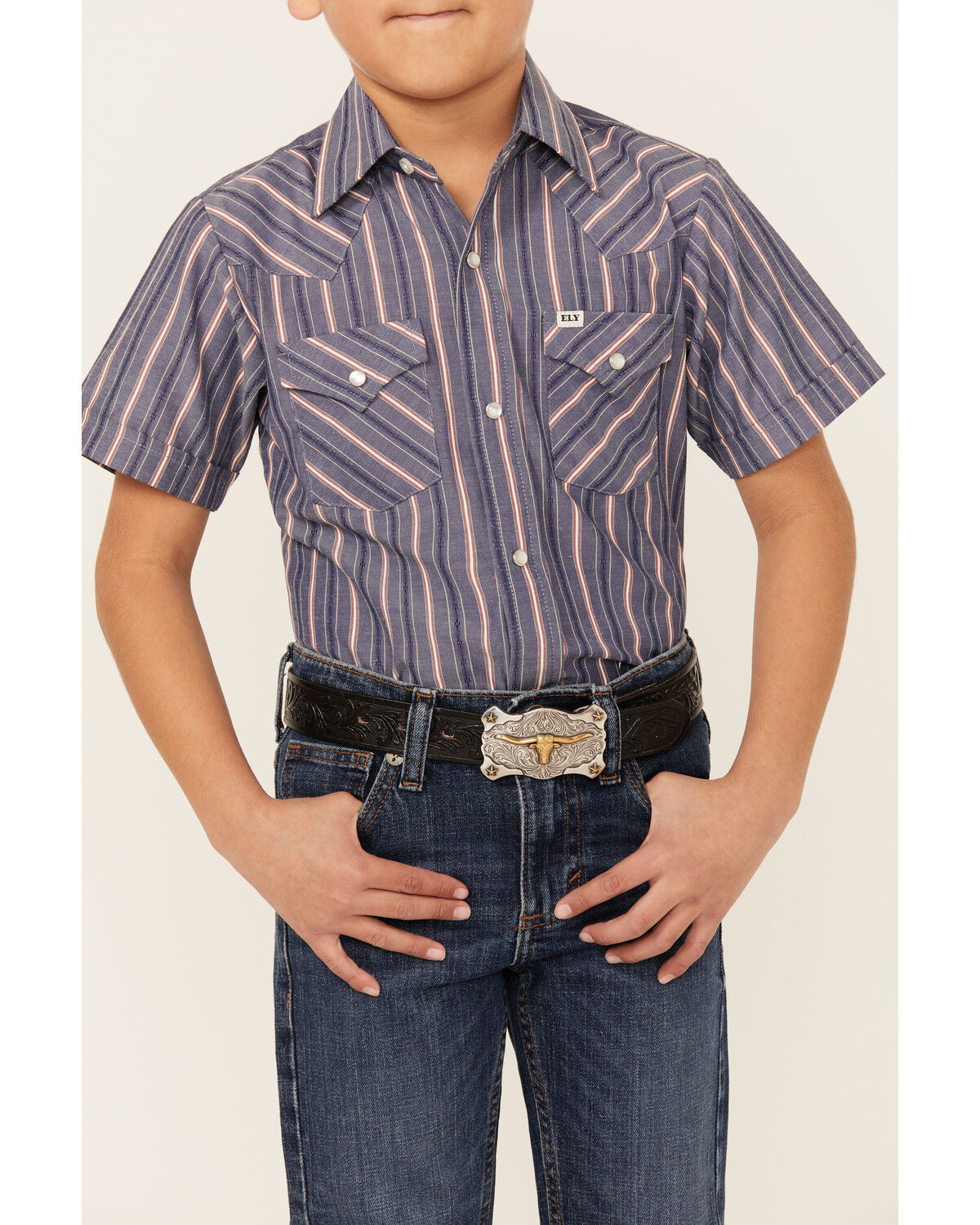 Image #3 - Ely Walker Boys' Dobby Striped Short Sleeve Pearl Snap Western Shirt, Blue, hi-res