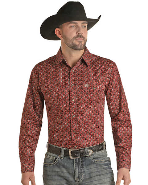 Panhandle Men's Paisley Print Long Sleeve Pearl Snap Western Shirt - Tall , Dark Red, hi-res