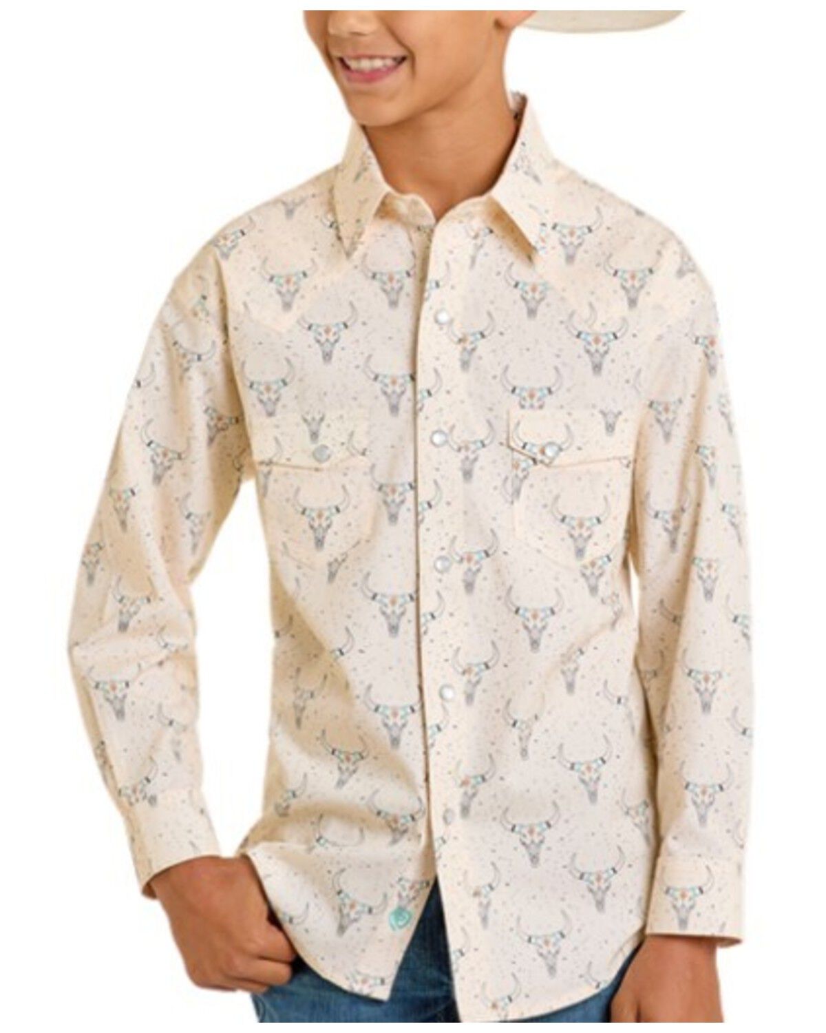 Image #1 - Rock & Roll Denim Boys' Longhorn Print Long Sleeve Snap Western Shirt, Tan, hi-res