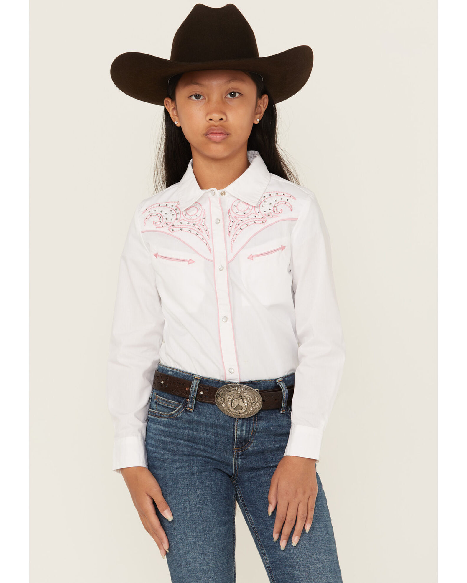 Rodeo Clothing Girls Bedazzled Long Sleeve Pearl Snap Western Shirt Country Outfitter